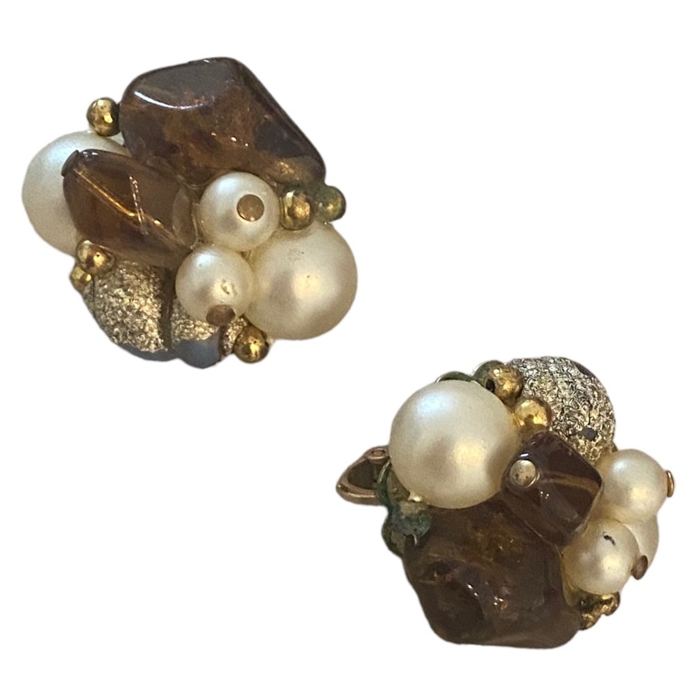Vintage Crown Trifari clip on earrings faux Pearl simulated smoked quartz